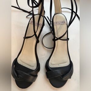 Filipa Boutique Designer Silver Kitten Heel Black Leather Tie up Heels